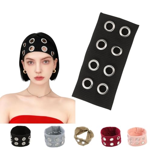 HORNEDI Hollow Eyelet Elastic Headband Grommet Headband Studded Punk Style Rivet Eyelets Elastic Stretchy Casual Hair Accessory (Black Adjustable)