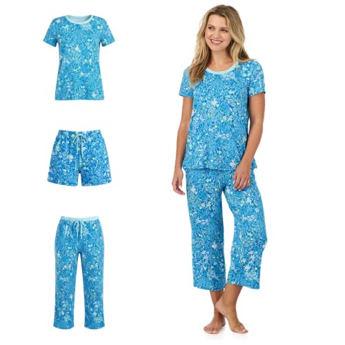 Image of Cuddl Duds 3 Piece Short Sleeve Capri Matching Lounge PJs Sets for Women | Cropped Capris Pants Boxer Shorts & Top, Sleepwear & Loungewear, Cute Sleep & PJ Set, Soft Lightweight & Breathable Pajamas
