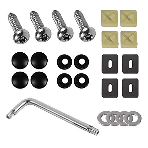 Anti Theft License Plate Screws-Stainless Steel Tamper Proof Front or Rear Car License Plate Frame Bolts Set, 1 4 Metric Security Rust Proof Self-Tapping Screws,Black Caps