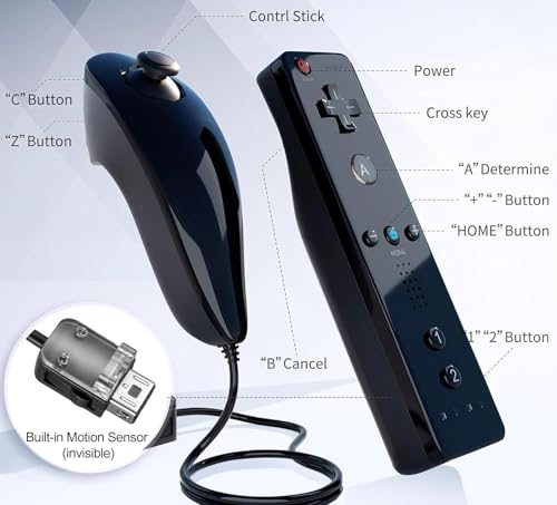 Image of Compatible with Nintendo Wii Controller, Wii Remote with Nunchuck and Nunchuck Controller with Silicone Case and Wrist Strap for Wii and Wii U, Included 2 AA Batteries (Black)