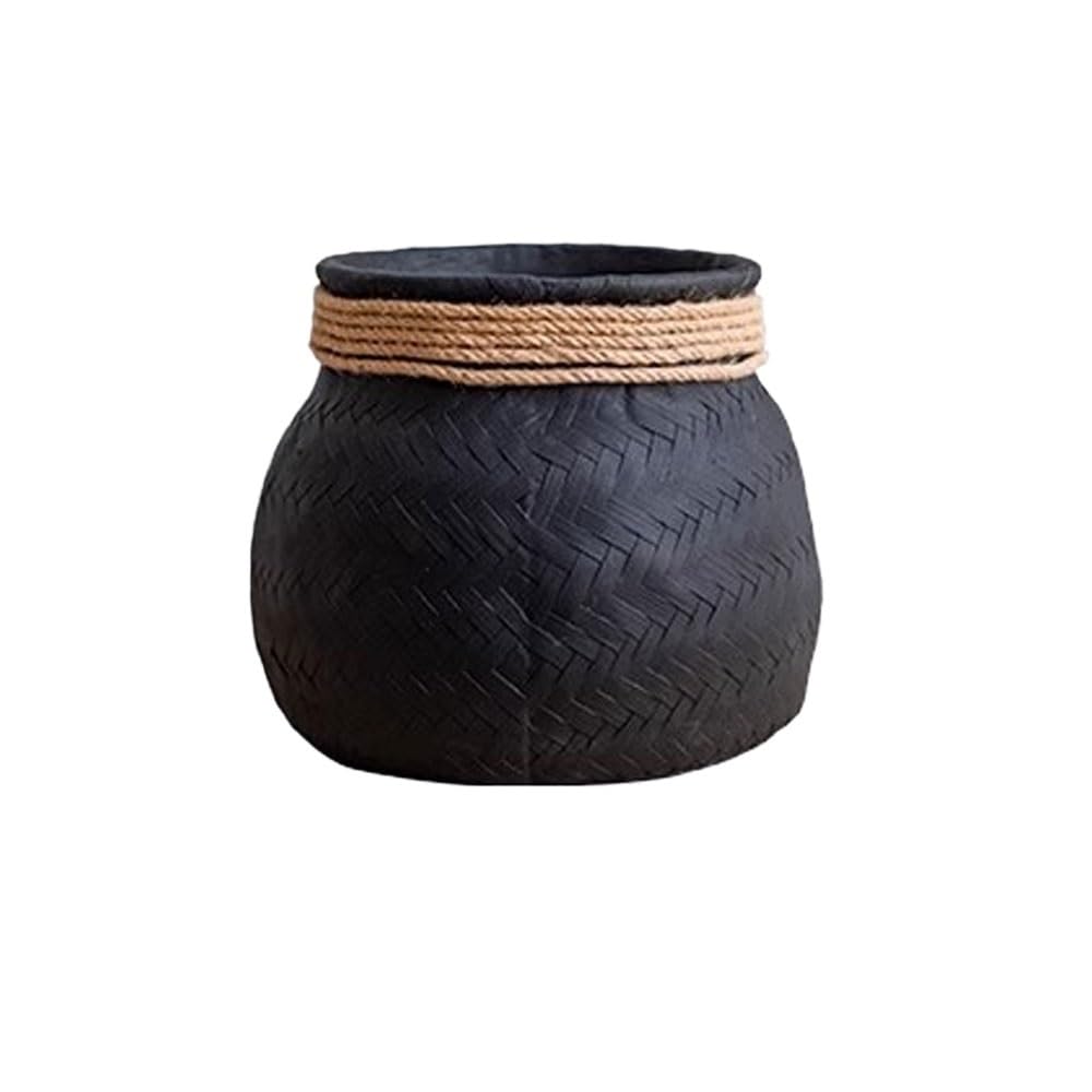 SDA287MZ Black Cement Flower Pot Round Bamboo Weave Pattern Plant, for Indoor Outdoor Plants with Drainage Hole Small Planter Multifunction