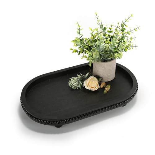SYNCVIBE Wooden Decorative Tray for Home Decor, Beaded Black Oval