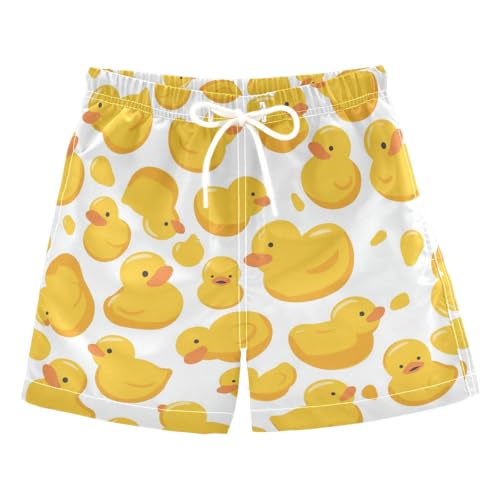 Boys Quick Dry Swim Trunks with Pockets Cartoon Yellow Duck Beach Shorts for Kids, Toddler Swimsuit Boy