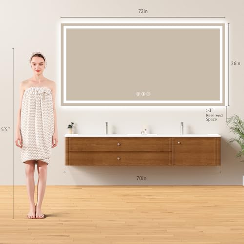 Image of 72x36 LED Bathroom Mirror with Lights - Dimmable, Anti-Fog, 3 Color Backlit & Front Lit Mirror for Bathroom, Shatter-Proof Tempered Glass, Easy Installation