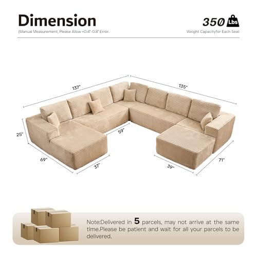 Image of ovios Sectional Cloud Couch for Living Room, Modular Floor Sofa with Plush Corduroy, No Assembly Required, Big Comfy Couches Set with Fluffy Memory Foam, Stupendous U Shaped Sofas with Chaise, Beige