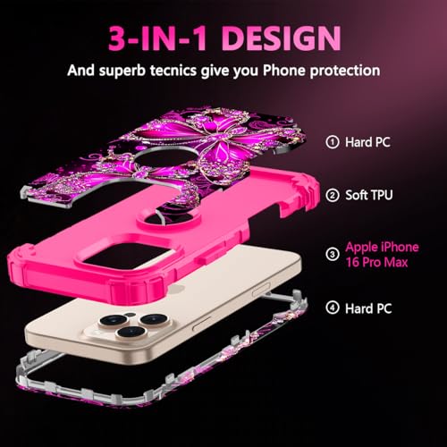 Casetego for iPhone 16 Pro Max Case,Glow in The Dark Three Layer Heavy Duty Sturdy Shockproof Full Protection Rugged Hard PC+Soft TPU Bumper Case for Apple iPhone 16 Pro Max 6.9 inch,Hot Pink - image 3