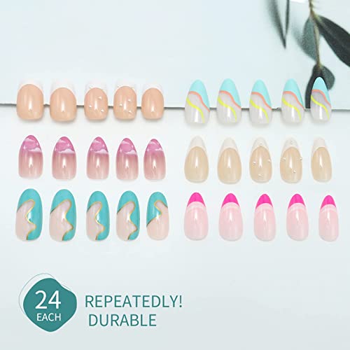 6 Packs (144 Pcs) Press on Nails Medium Design, Misssix Short Fake Nails Almond French Glue on Nails Set with Adhesive Tabs Nail File for Women - Thumbnail 2