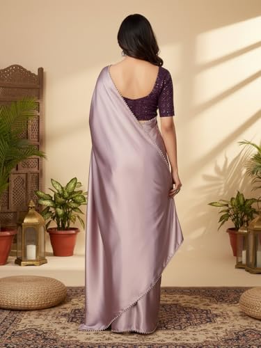Image of FABIAN FASHION Women's Plain Japan Satin Silk Saree with Pearl Lace Border, Includes Unstitched Matching Blouse Piece - Elegant Saree(AVN 1694)