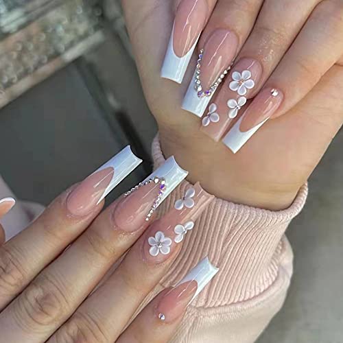 Flower Press On Nails Super Long French Fake Nails Acrylic Coffin Full Cover Nail Tips With White Flowers Rhinestones Luxury Design Nail Glue For Nails Press On Artificial False Nails For Women 24Pcs #TOP10
