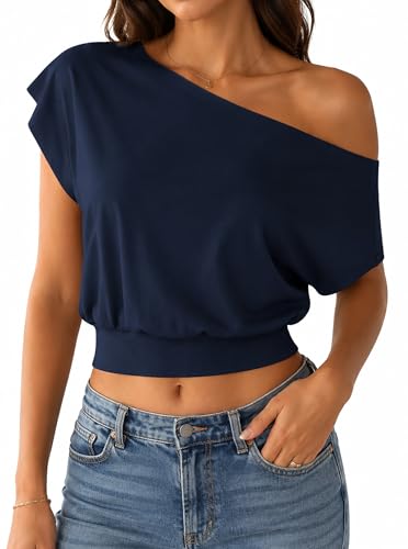 Image of SOFIA'S CHOICE Women's Off The Shoulder T Shirt Crop Top Casual Summer Dolman Sleeve Asymmetrical Cinched Waist Tops