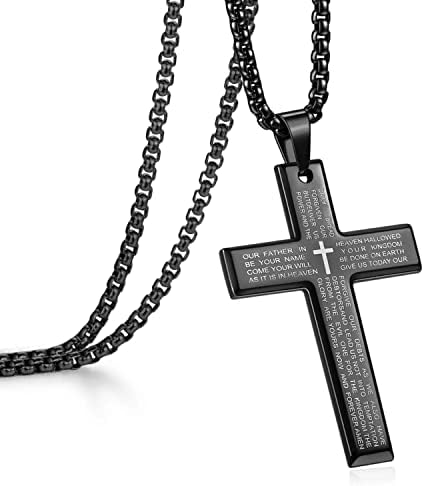 Rnivida Men's Black Cross Necklace with Lord's Prayer, Stainless Steel Cross Pendant Necklace with 24" Chain, Christian Jewelry Gift for Men
