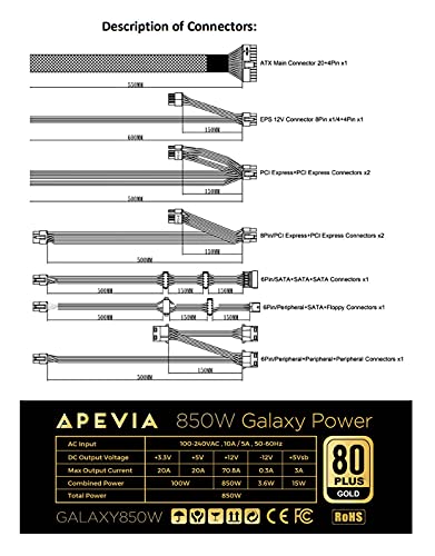 Image of Apevia ATX-GX850W Galaxy 850W (No PCIe 5.0 & Gen 5 12VHPWR Connector) 80+ Gold Certified Active PFC ATX Semi-Modular Gaming Power Supply