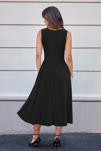 Image of Newshows Women 2025 Work Dress Sleeveless Crew Neck Office Business Casual Outfits Midi Elegant Dresses with Pockets