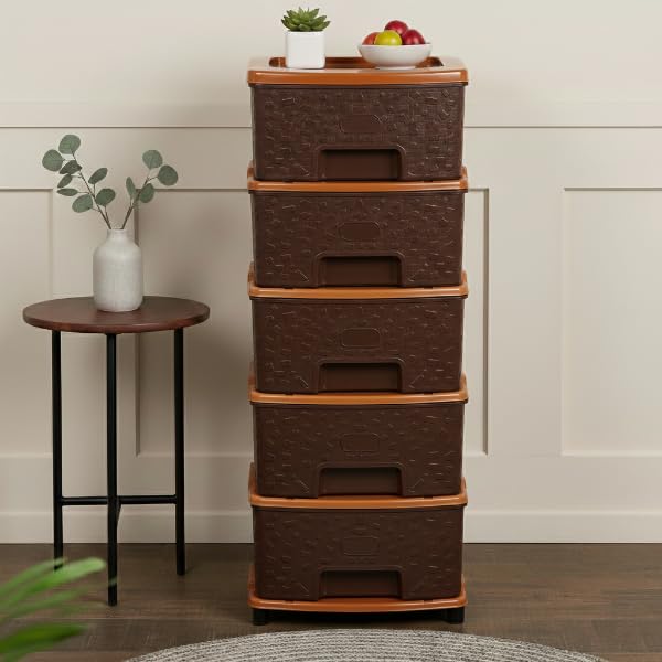 Image of Plastic Modular Drawer Storage Chest Of Drawers Organizer Storage Box, Large Stomo Racks For Multipurpose Anti-slip Shoes Organizers (Brown, 5 Layer)