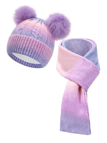 SERENYOU Kinder Winter Mütze Schal Set Jungen Mädchen Doppel Pompon Mütze mit dicken gestrickten warmen Schal Violett