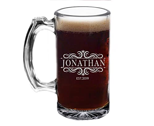 TEEAMORE Personalize Beer Mugs Add Your Name Date Engraved Beer Glass Housewarming Gift Anniversary Wedding (12 oz)