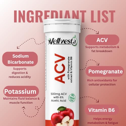 Image of ACV Effervescent Tablet, Apple Flavour, with Pomegranate Extract & Vitamin B6, 500mg, No Sugar Added, (pack of 4)