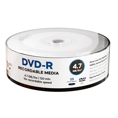 ACU-DISC Pro-Series DVD-R 4.7GB 16x Speed 120 Minutes Blank Discs AZO Dye UV Protection Hard Coat Anti-Scratch Surface Perfect for Photos & Videos Compatible with Any DVD Drive 17707 25 Pack