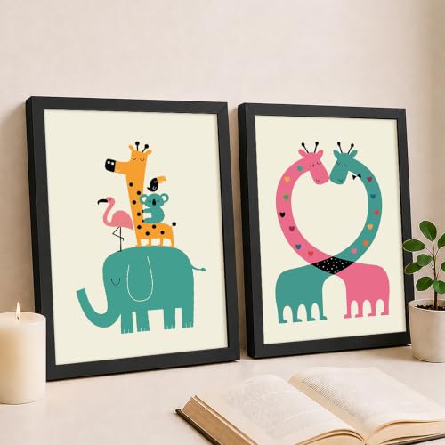 Image of PAINTINGMANTRA Elephant & Giraffe Cartoon Wall Art Painting for Kids Room, Animal, Flamingo Framed Painting for Living Room, Children Room, kids room decoration items, Set of 2, 9x13 Inch
