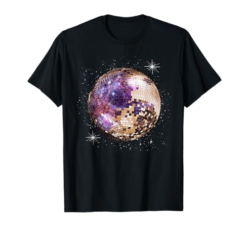 PassionThreads Discokugel im Weltraum Galaxy Club Retro T-Shirt - Schwarz, S - Standardlänge, Kurzarm, Pullover, Glitzer, Party, Cosplay, Freizeit, Clubbesuche, Unisex Erwachsene