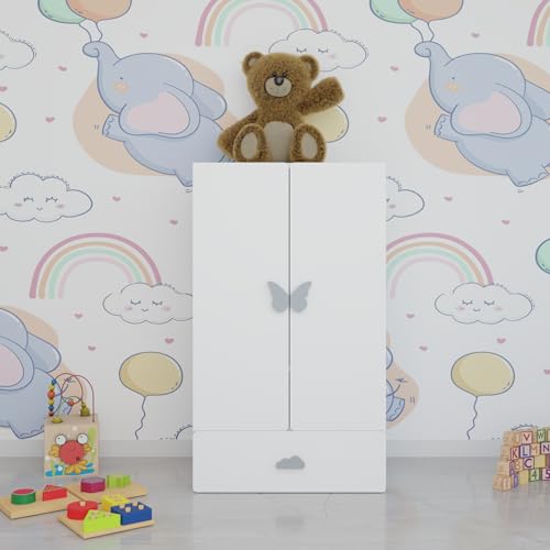 Image of VIKI Kids Wardrobe Almirah - 2 Door Kids Storage Cabinet with Hanging Rod & 1 Drawer for Bedroom, White (40x60x102 cm) | 1 Year Warranty
