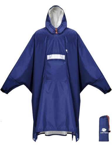 ANYOO Poncho de pluie réutilisable, multi-usage, imperméable, avec capuche, pliable, bâche de sol idéale pour le camping en plein air, la pêche, la survie, taille unique, Marine militaire., Taille