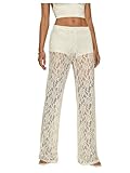 RoseSeek Women's Y2K Floral Lace See Through Pants Sheer Straight Leg Long Pants Club Wear White Tall-L