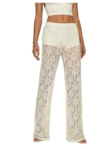 RoseSeek Women's Y2K Floral Lace See Through Pants Sheer Straight Leg Long Pants Club Wear White Tall-L
