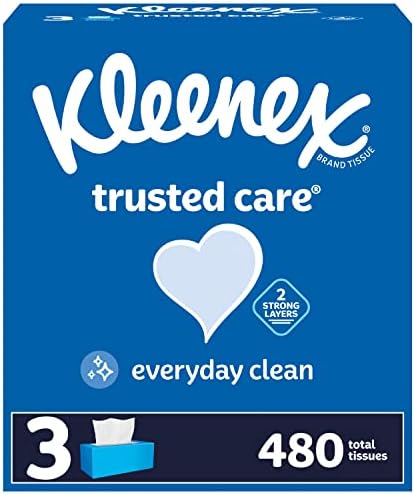 Kleenex Trusted Care Facial Tissues, 3 Flat Boxes, 160 Tissues per Box, 2-Ply (480 Total Tissues), Packaging May Vary