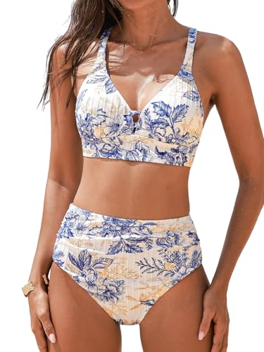 CUPSHE Women's Bikini Sets V Neck Keyhole Wide Adjustable Straps Bathing Suit High Rise Bottom Crisscross Back