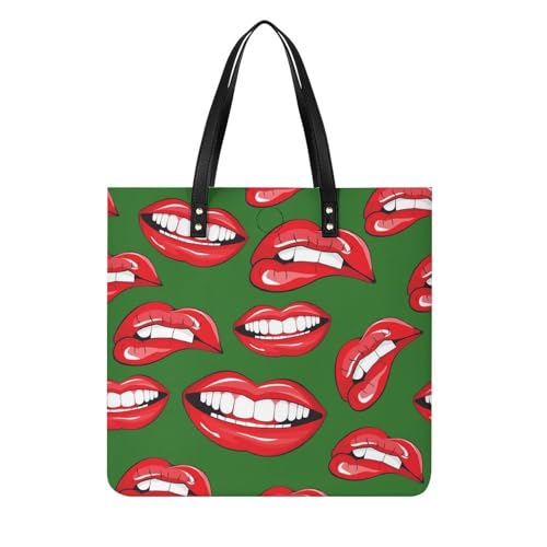 Sac à main shopper femmes 39x39cm, tote bag de voyage en toile à motif lèvres rouges et vertes