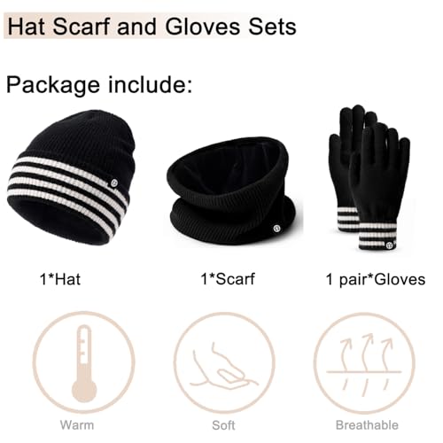 Baynetin 3-in-1 Winter-Set Beanie Hut Schal Handschuhe| Thermostrickmütze mit Umschlagkante + Fleece-Schal & Touchscreen-Handschuhe | Dehnbares Winddichtes Set für Kälte (Schwarz)