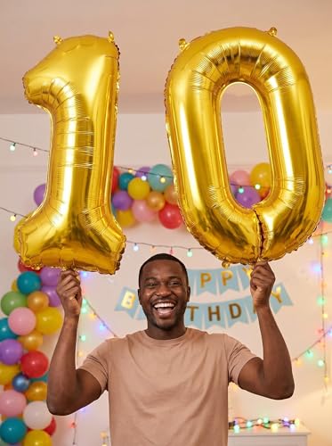 Image of Number 10 Balloon Foil Mylar Balloons for Birthday Party Decoration (Gold, 40 Inch)