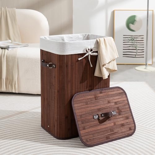Image of HOKIPO Eco-Friendly Foldable Bamboo Laundry Basket Hamper with Lid, Large - 81 Liter, Coffee Brown (AR1538)