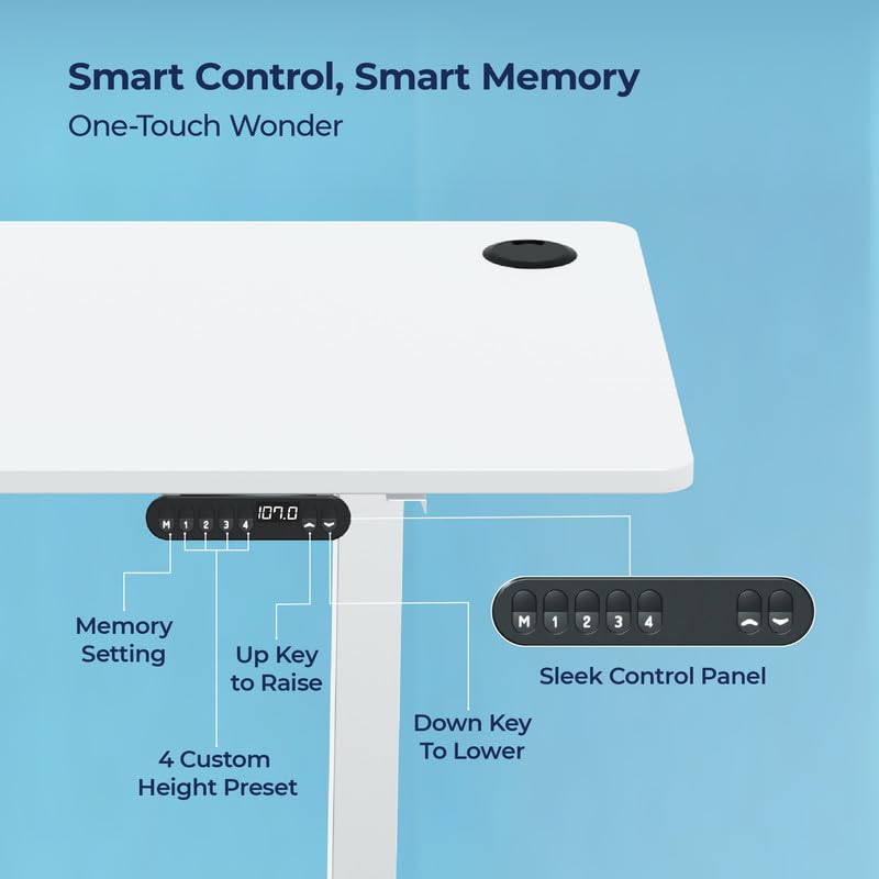 Image of The Sleep Company - AeroPlus Electric Height Adjustable Desk | Ergonomic Work from Home Table | 4 Memory Presets | 2 Years Warranty | 1200 x 600 Thick Top | Free Installation | White & White