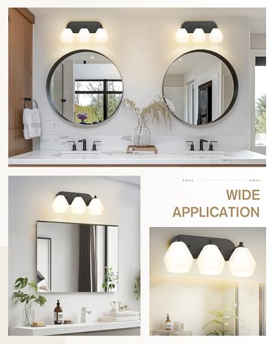 Image of Emak Black Bathroom Lighting Fixtures Over Mirror, Modern Bathroom Vanity Light with Clear Glass Shade, 3-Light Vanity Lights for Mirror, Bath, VL129-BK-ML-3