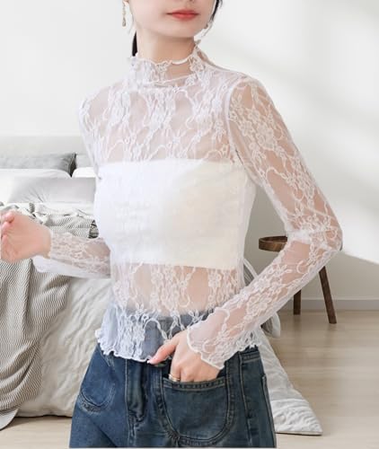 ROSVAJFY Durchsichtiges Oberteil mit Spitze Langarmshirt mit Mesh Spitzen Top Langarm Netzoberteil (DE/NL/SE/PL, Alphanumerisch, M, Regular, Regular, Weiß)