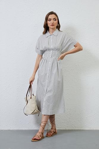 Image of MISSACTIVER Button Front Pleated Shirt Dress for Women Summer Striped Short Sleeve Lapel V Neck Corset Maxi Dress