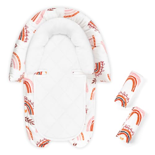 Image of Baby Car Seat Head Body Support & Strap Covers, 2 in 1 Infant Car Seat Insert, Reversible Soft Breathable Newborn Cushion Pads for Preemie, Perfect for Baby Carseats, Strollers, Swings (Rainbow)