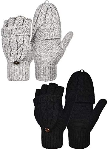 2 Pairs Women's Winter Fingerless Gloves Winter Knitted Mittens Convertible Gloves with Buttoned Thumb Cover (Style Set 1)