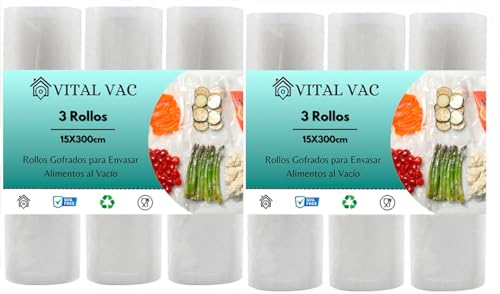 VITAL VAC 6 Rollos Gofrados de 15x300 cm | Para Bolsas de Envasadora al Vacío de Alimentos | Reutilizables | Válidos para Conservación, Congelación, Microondas y Cocción Sous Vide