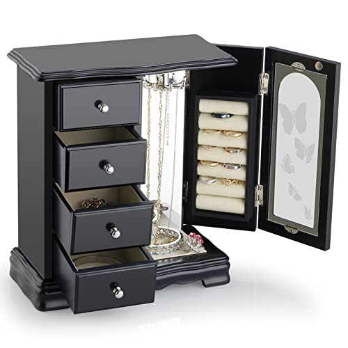 Rr Round Rich Design Jewelry Box - Made Of Solid Wood With 4 Drawers Organizer And Built-In Necklace Carousel And Large Mirror Black #TOP2