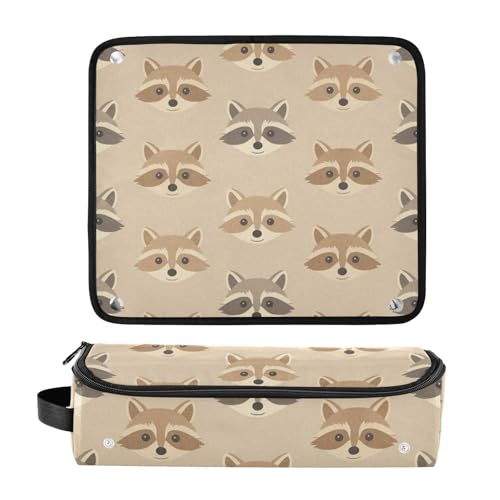 Bolsa de viaje para herramientas de cabello y tapete resistente al calor para planchas, rizadores y organizador de herramientas de peinado con diseño de caras de mapache en beige miniatura 3