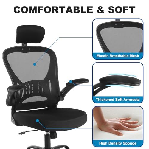 Image of Youhauchair Adjustable Mesh Ergonomic Office Chair with Wheels, Black | Flip-up Arm, Lumbar Support, Height Adjustable, Breathable, Rocking, Mid Back Swivel Compurter Chair with Headrest, Set of 1