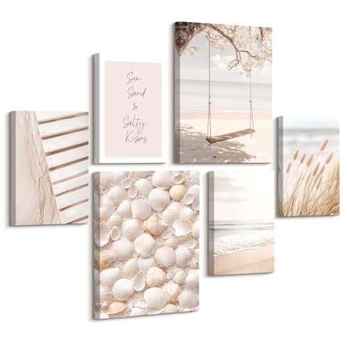 6pcs Cadre en Bois Impression sur Toile Boho Coquillage de Plage Côtière Tableau Affiche Decoration Murale Océan Paysage Peinture Tableau Decoration Murale Salon Chambre 30x40 cm x2+20x30 cm x4