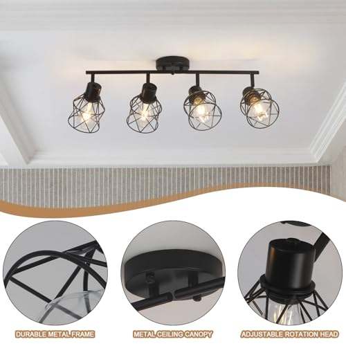 Image of BUXVRCS Adjustable Multi-Directional Black Light Fixtures, Kitchen Track Lighting, Kitchen Light Fixtures Ceiling Mount, Geometric Metal Cage Industrial Spotlight Fixtures for Dining Room