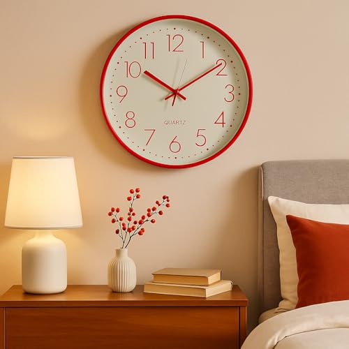 Image of Xtore Modern Round Wall Clock with Luxurious Finish (Pack of 1, RED)