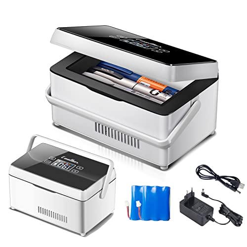 Mini refrigerador portátil de insulina – Refrigerador de medicina de gran espacio con asa, batería y pantalla LED – Temperatura de 2-8° – Batería de litio de 10200 mAh – Ideal para viajes