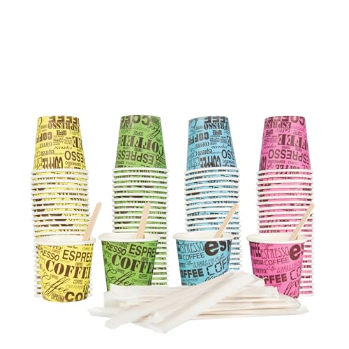 Bioaiks Bicchieri Cartoncino per Espresso, Set da 200 Pezzi con Bastoncini in betulla per Mescolare, 75 ml, (multicolor)