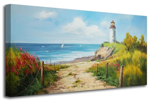 Acocifi Blue Coastal Wall Art Lighthouse Picture Nature Fall Landscape Ocean Beach Seascape Canvas Painting, Textured Artwork Large Framed for Living Room Bedroom Bathroom Office Home Decor 48"x24"